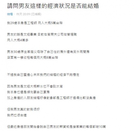 原PO擔心男友的經濟狀況無法在婚後負擔房貸。(圖/翻攝自Dcard)