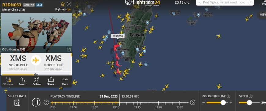 聖誕老人駕雪橇飛過台灣上空。(圖/翻攝自Flightradar24官網)