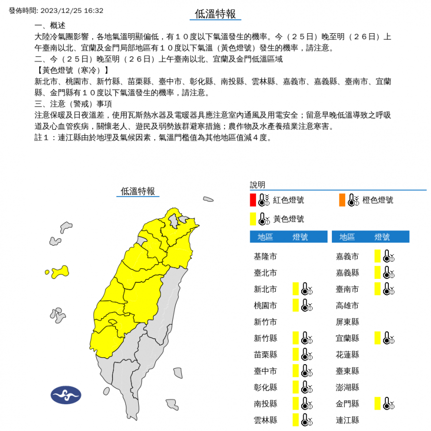 13縣市今夜至明晨間,低溫恐再度下探10度。(圖/翻攝自中央氣象署)