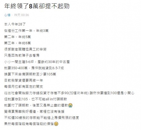 原PO工作3年仍湊不齊頭期款,讓她就算領了年終也提不起勁。(圖/翻攝自Dcard)