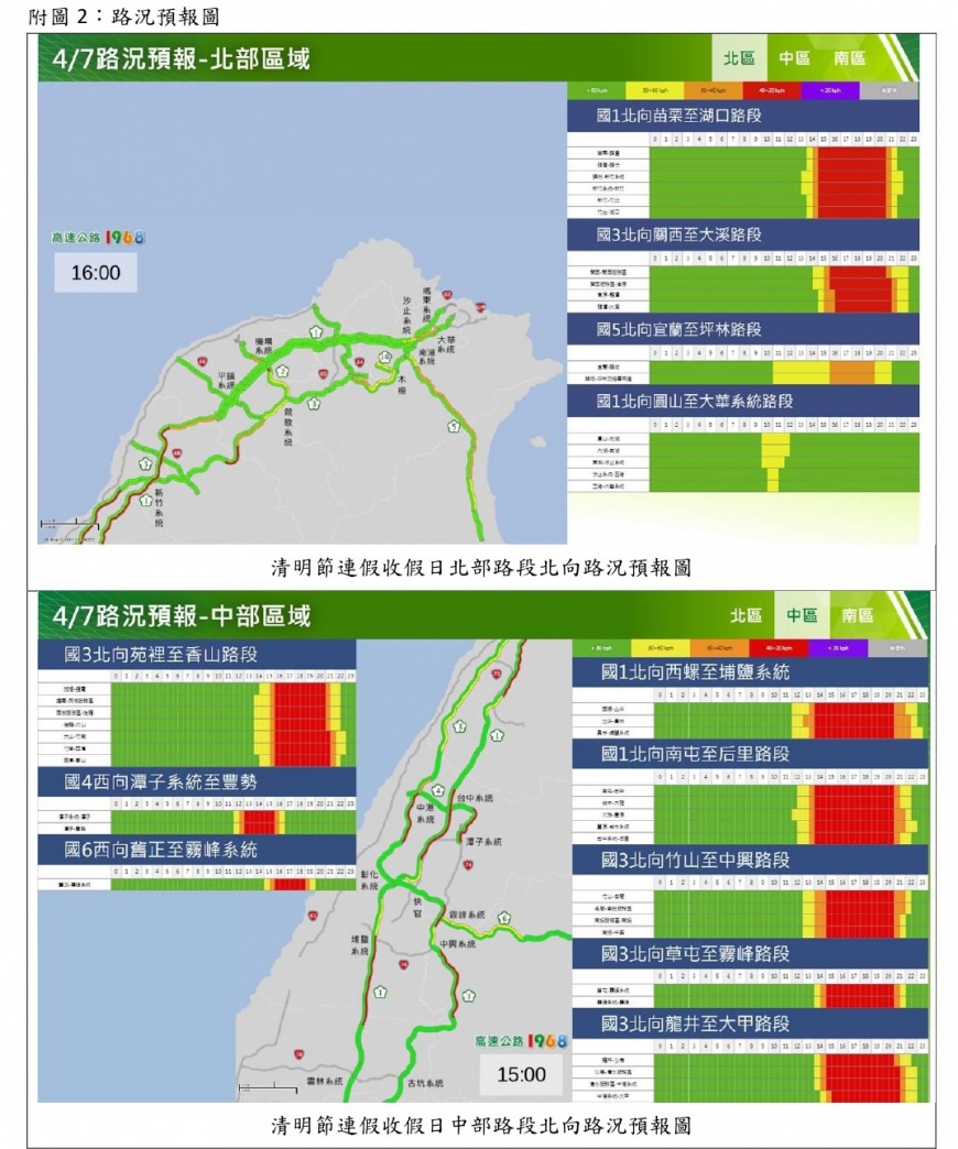4月7日中部、北部路況預報圖。(圖/高公局提供)