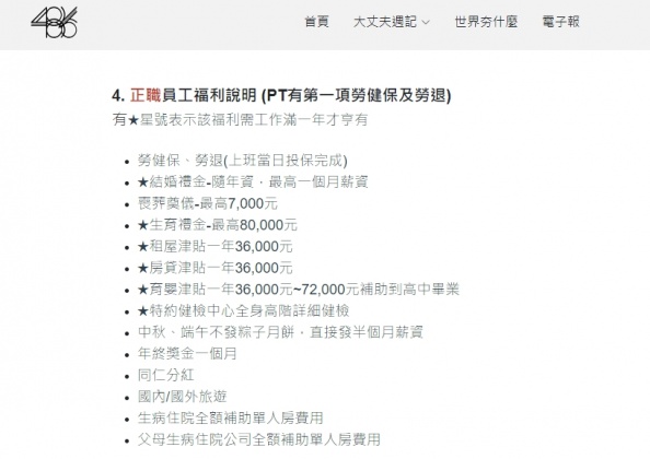 正職員工福利曝光。(圖/翻攝486的大丈夫週記網站)