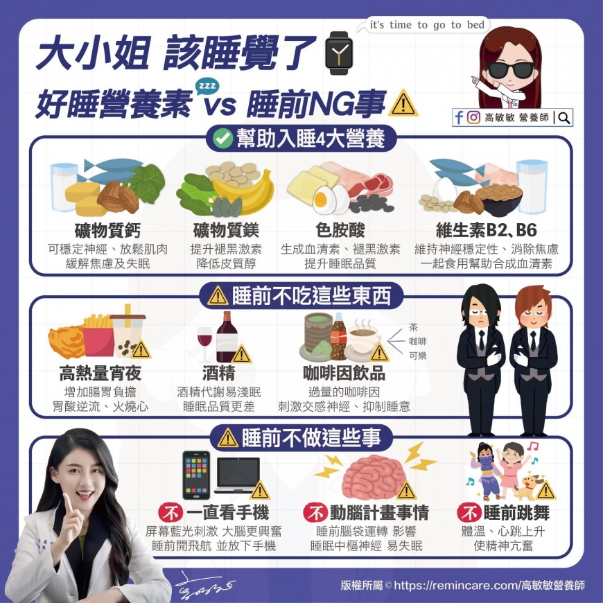 營養師高敏敏分享4大營養素助眠。(圖/翻攝自營養師高敏敏臉書)