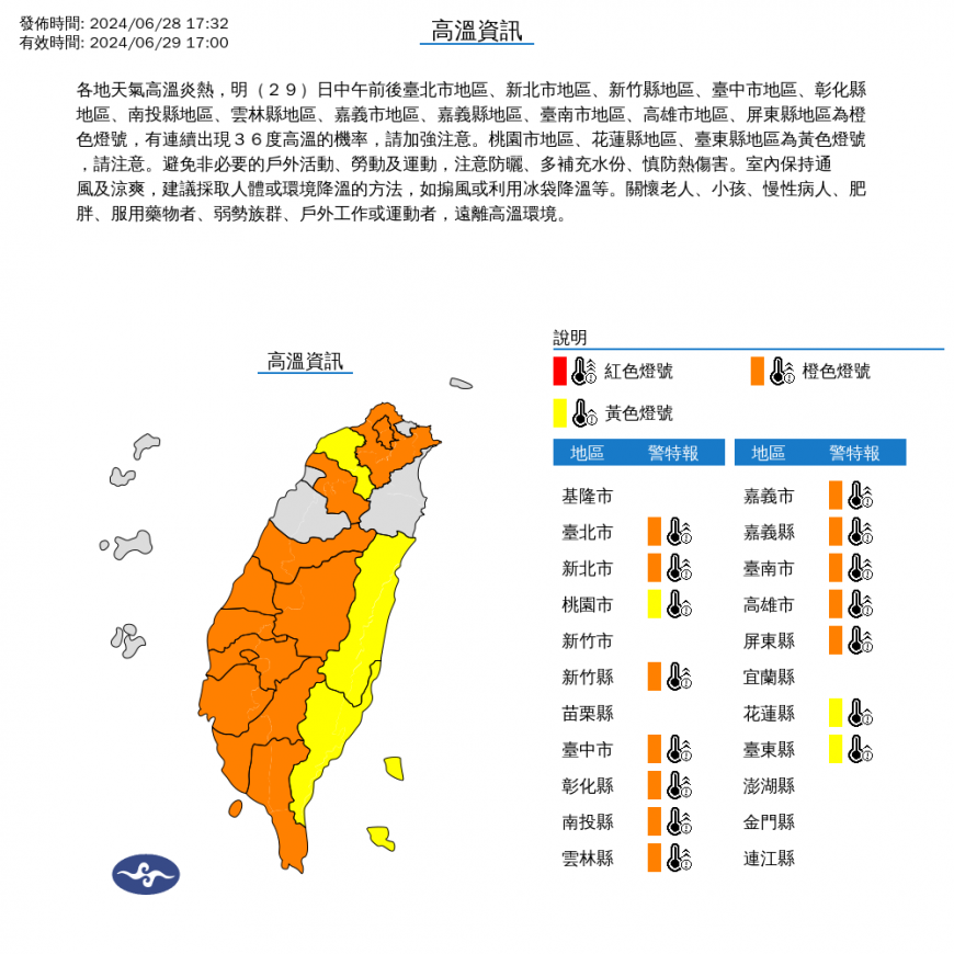 氣象署針對15縣市發布高溫燈號。（圖／翻攝自中央氣象署官網）