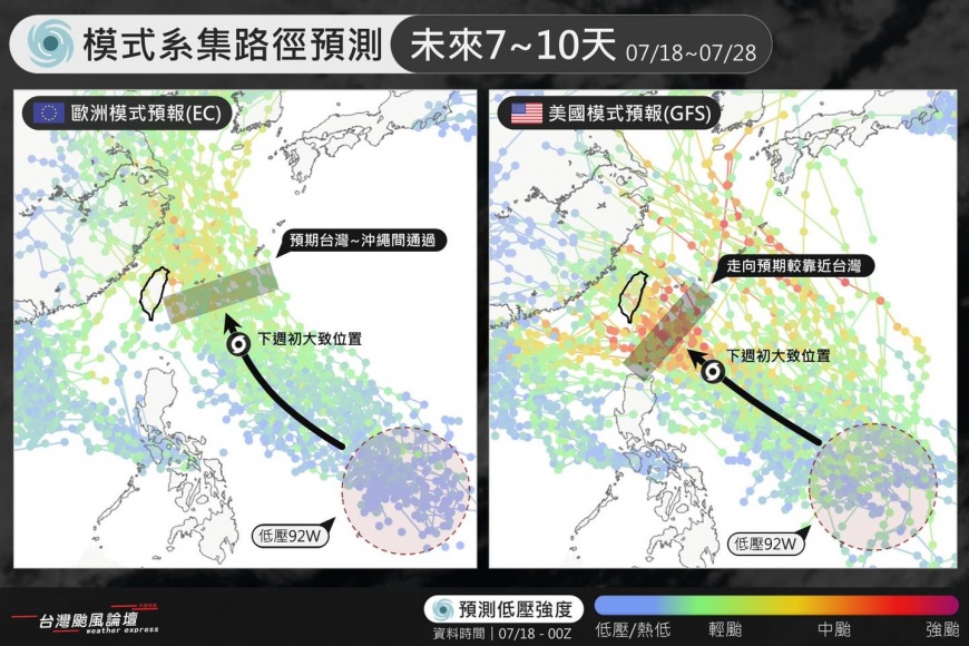 歐美模式系集路徑預測。圖/(翻攝自「台灣颱風論壇|天氣特急」臉書粉專)