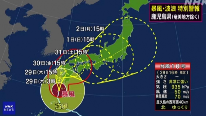 珊珊颱風來襲,日本氣象廳於28日發布「颱風特別警報」。(圖/翻攝自NHK)
