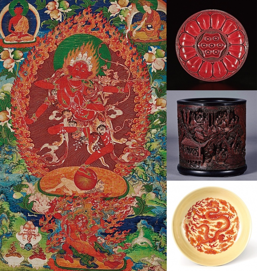 左一:智行佛母唐卡(作明佛母) 十八世紀、右一:元 剔紅蓮瓣紋圓盤、右二:清康熙 西園雅集竹雕大筆筒、右三:清雍正 米黃地礬紅彩雲龍紋盤 (圖/文華藝博大會提供)