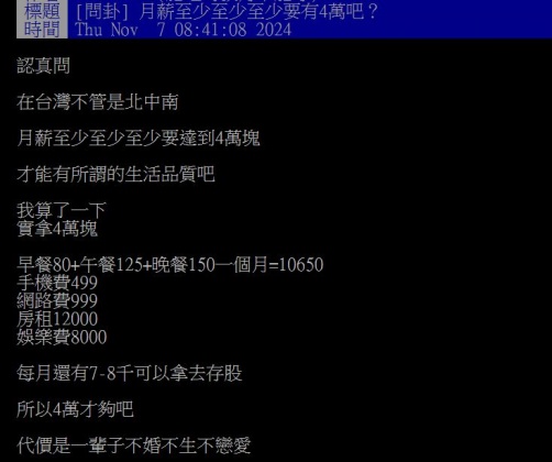 原PO認為月薪需要達到4萬元,才能討論生活品質。(圖/翻攝自PTT)