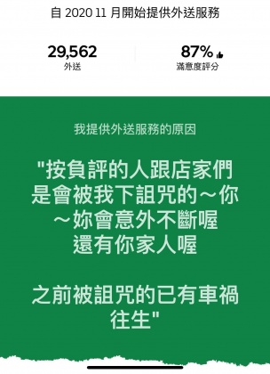 該外送員在自介向負評者下咒,並稱已有人因他的詛咒往生。(圖/翻攝自當事人Threads)