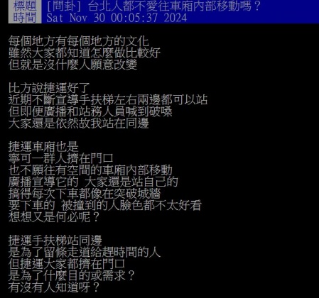 原PO不解為何捷運車門總會擠爆,網友們紛紛傳授解方。(圖/翻攝自PTT)