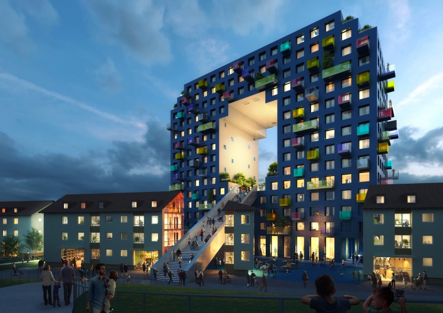 TheO由 MVRDV 設計的高層建築,與其他建築共同拼出「HOME」一詞,成為德國曼海姆富蘭克林米特社區最具特色的地標之一。