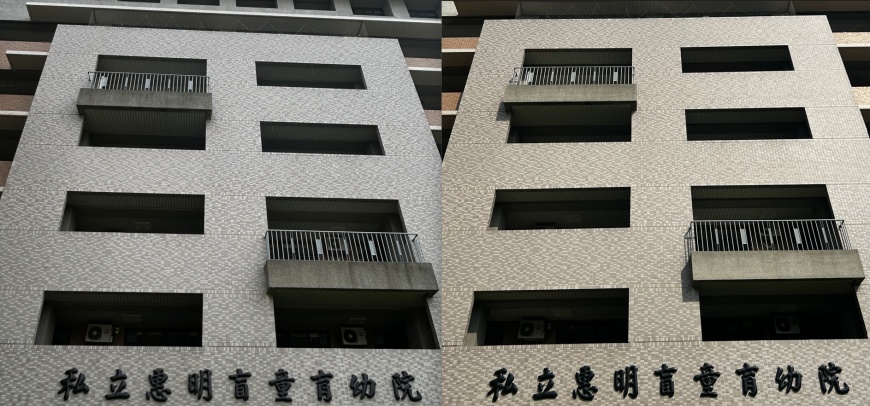 無人機清潔大樓前(左圖)、無人機清潔大樓後(右圖)恢復明亮建物外觀。圖/無限飛潔提供