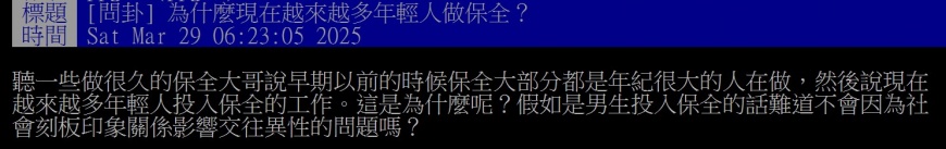 原PO好奇年輕人越來越喜歡當保全的背後原因。(圖/翻攝自PTT)