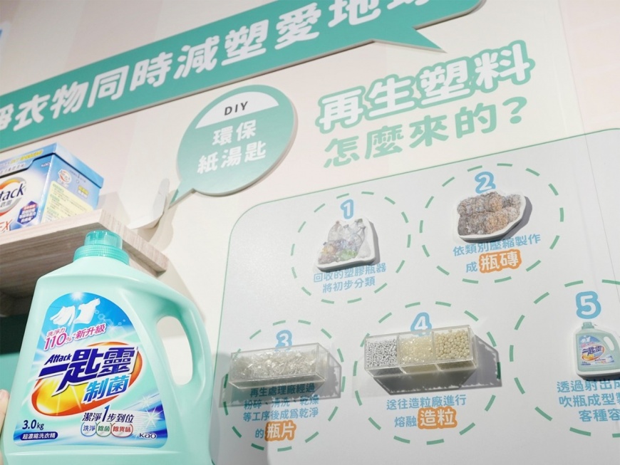 「一匙靈超濃縮洗衣精」瓶器使用100%回收樹脂*，此產品製程一年可減少約242公噸的碳排放。（圖片來源：花王（台灣）股份有限公司提供）