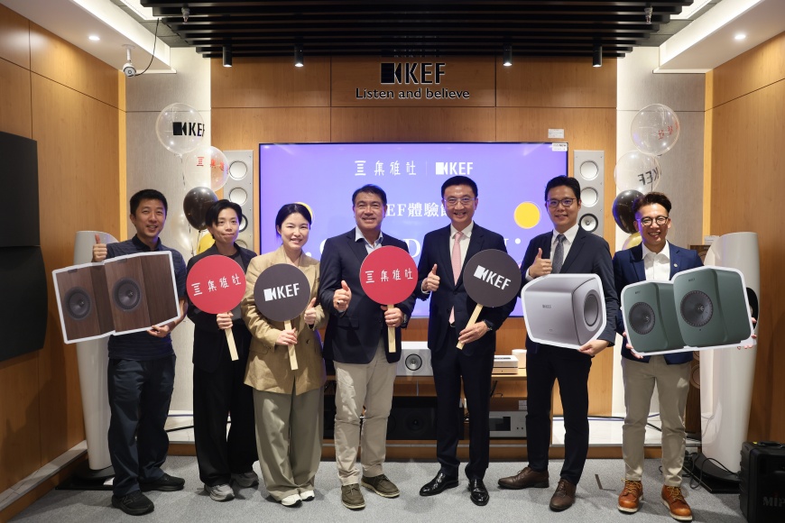 由左至右 鍵寧企業股份有限公司 總經理 李清茂、KEF 亞太及中東區域資深業務經理 陳凱雯、集雅社股份有限公司 總經理 謝舒閔、KEF亞洲區副總裁 梁玄博、集雅社股份有限公司 董事長 盧乾三、集雅社股份有限公司 營運長 沈稚鎧、KEF 亞太區行銷經理 尹建斌