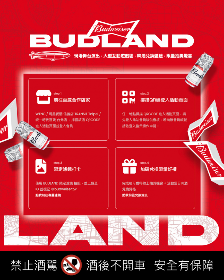 BUDLAND活動報名辦法說明，透過掃碼或打卡任務即可參與抽獎。