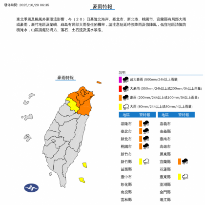 氣象署清晨針對5縣市發布豪雨特報。(圖/翻攝自中央氣象署)