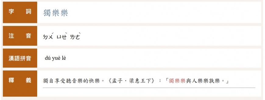 獨樂樂正確讀音為「ㄉㄨˊㄩㄝˋㄌㄜˋ」。（圖／翻攝自「教育部重編國語辭典修訂本」官網）