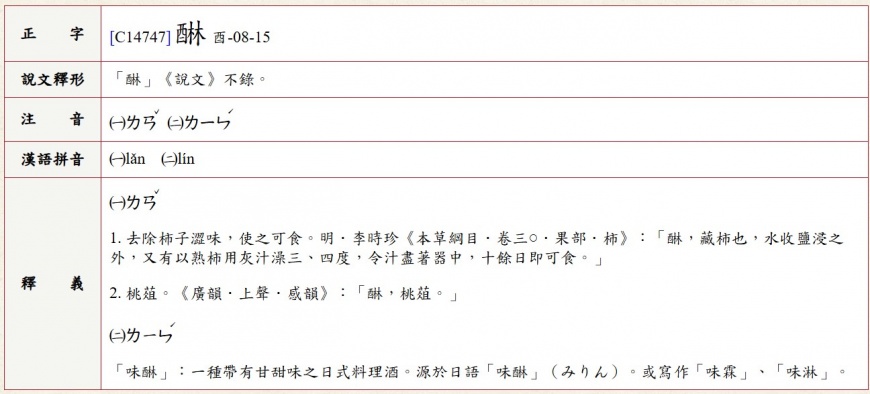 根據教育部異體字字典釋義，醂的正確讀音為「ㄌㄢˇ」。（圖／翻攝自教育部異體字字典）