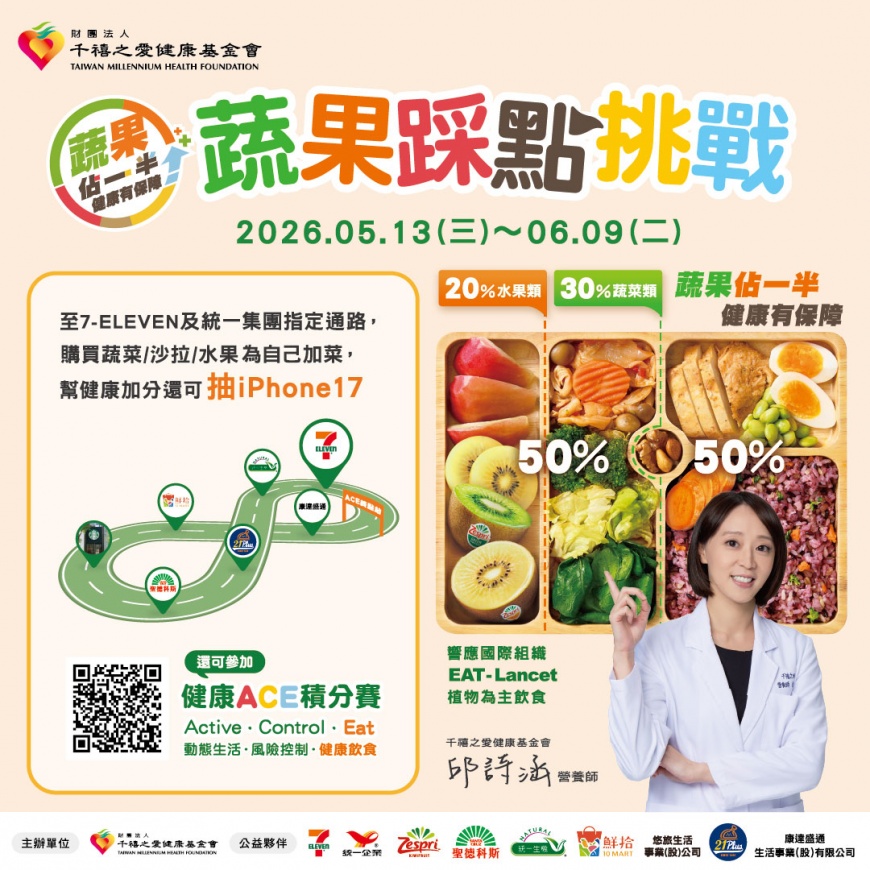統一集團千禧之愛健康基金會攜手7-ELEVEN及六家關係企業邀請民眾餐盤「蔬果佔一半」