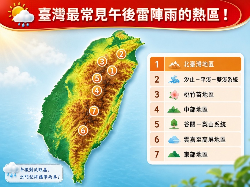 林得恩列出台灣最容易降下午後雷陣雨的7大熱區。(圖/翻攝自「林老師氣象站」臉書)