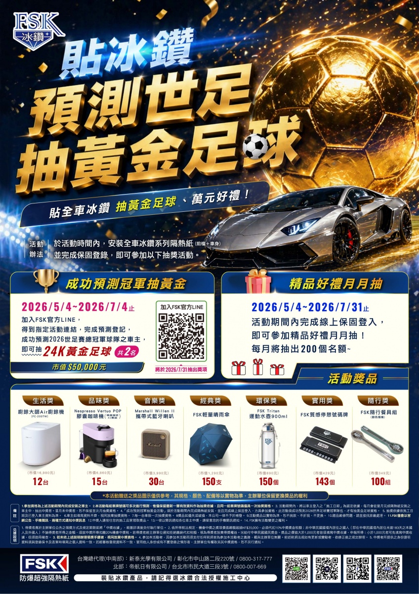 圖二:FSK 活動說明完整版——包含精品月月抽及黃金足球大獎兩大活動辦法與獎品明細。(圖片來源:FSK 防爆超強隔熱紙提供)
