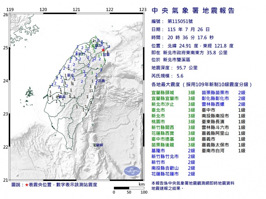 新北市雙溪區規模5.6強震。(圖/氣象署)