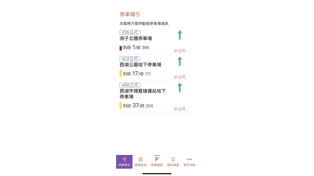 「北市好停車」具備停車導引功能,可以導引駕駛到距離最近的三個停車場。