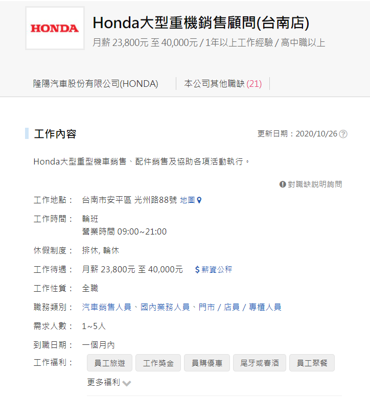 Honda「台南店」近期也開始在平台上徵才。(圖片來源/ 1111人力銀行)