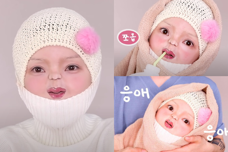 퓨어디將嘴巴當鼻子、鼻孔插吸管,超逼真仿妝嚇壞網友。(圖/翻攝自「PURE.D퓨어디」YouTube)