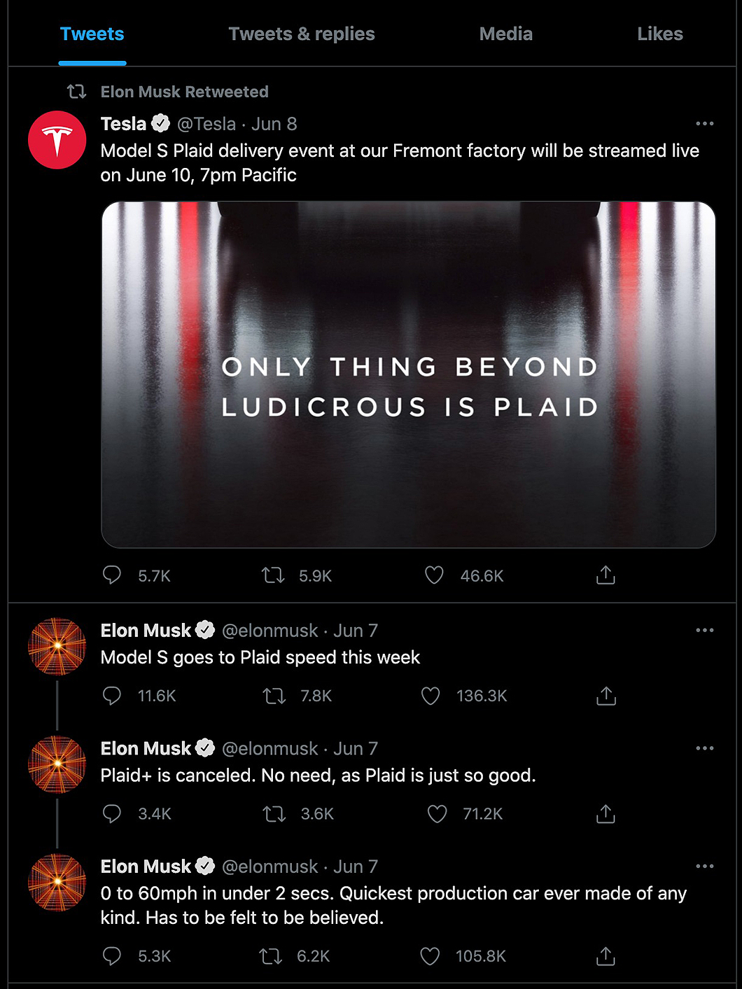 Elon Musk於Twitter上表態Model S Plaid+已經取消。(圖片來源/ Elon Musk Twitter)