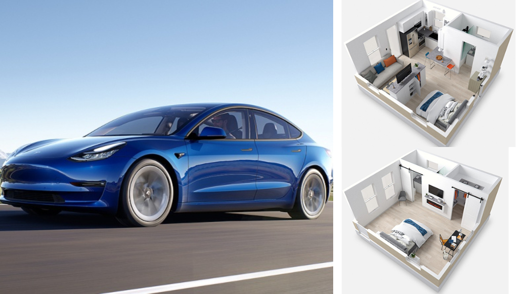 Boxabl組合屋的單價約為5萬美金,還比Tesla Model S Long Rang版的7.3萬便宜。(圖片來源/ Tesla、Boxabl)
