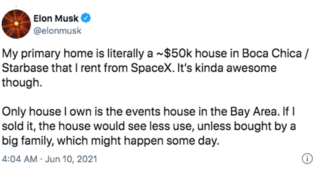 Musk賣掉房產後還說自己現在住在價值5萬美金還是租來的房子。(圖片來源/ 截自Musk推特)