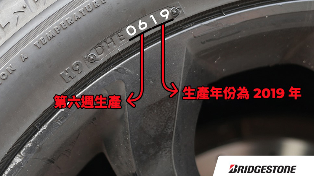 輪胎胎壁上會顯示製造日期,根據經濟部標準檢驗局規定,出廠超過6年的輪胎不得進口或安裝在車上。(圖片來源/ Bridgestone臉書)