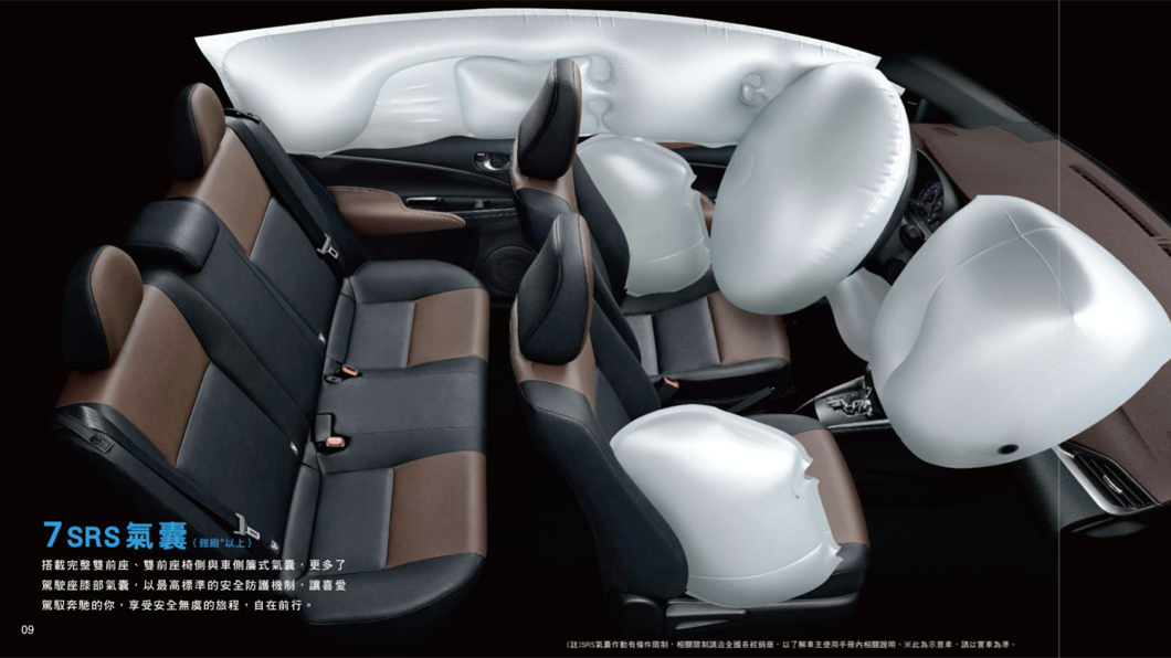 安全配備方面，從雅緻+以上車型配備有7具SRS氣囊。(圖片來源/ Toyota)