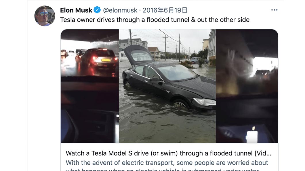 Musk曾經說過Model S可以像船一樣漂在水上一陣子甚至能在水中移動。(圖片來源/ Twitter)