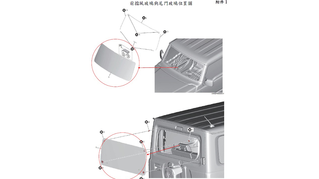 今年前一次召回Jimny是因為前後擋風玻璃黏合強度不足。(圖片來源/ 車輛安全資訊網)