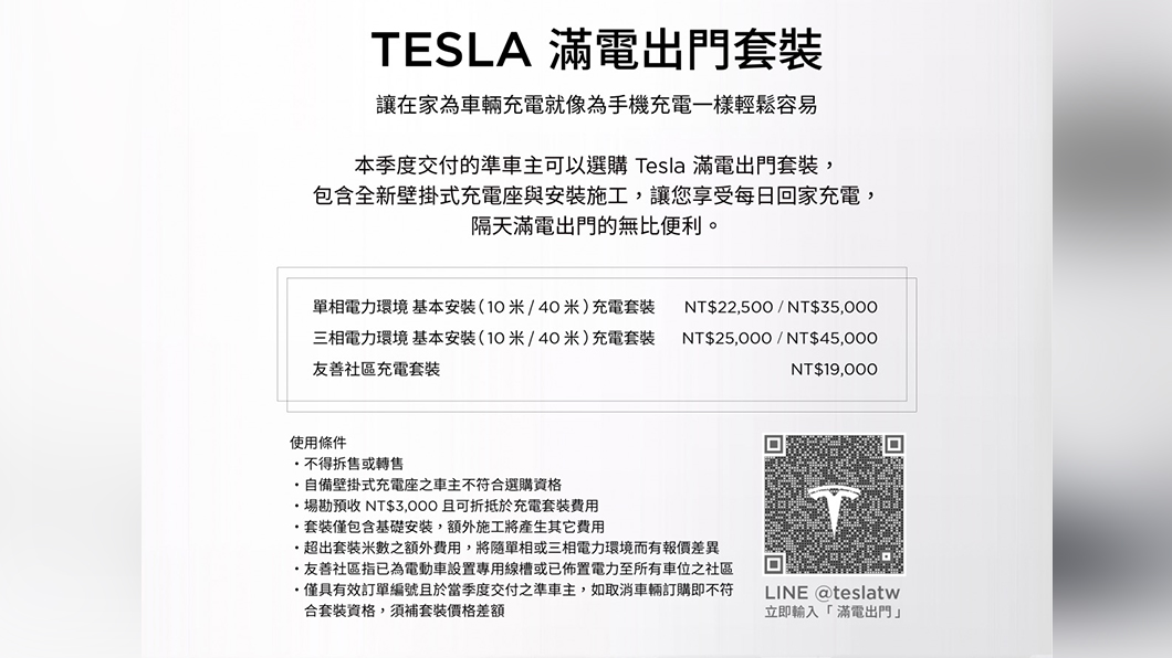 「滿電出門套裝」最低完工價只要19,000元。(圖片來源/ Tesla)