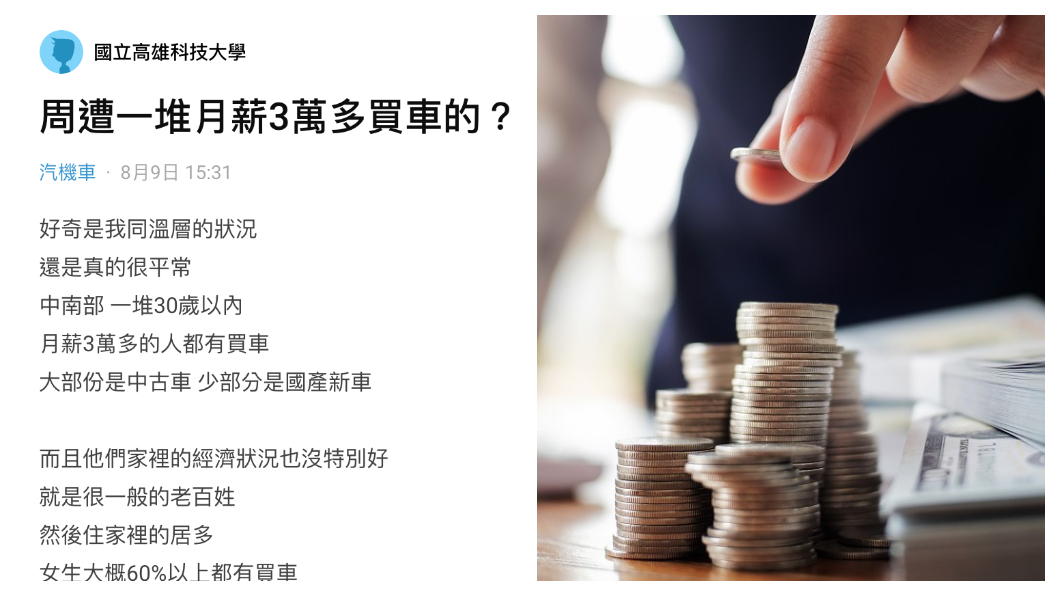 有一位男網友在Dcard汽機車版提問,他住在中南部,不知是同溫層的關係還是常態,身邊許多30歲以內,月薪3萬多的人都有買汽車。(圖片來源/Dcard、shutterstock達志影像)