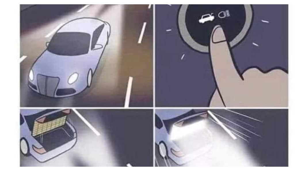 有網友自製創意圖片,在後車箱裝上反光片「反擊」開遠光燈的後方車輛,當然這是違法的,還是看圖笑笑就好。(圖片來源/FB)