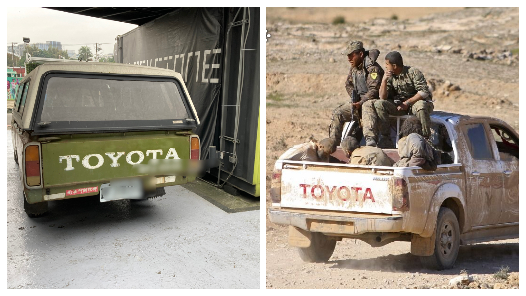網友妹妹的Hilux,斑駁生鏽、金油退去的鈑金,加上車尾大大的「TOYOTA」字樣噴漆,與武裝份子塔利班的改裝戰車有幾分相似。(圖片來源/PTT、TVBS)