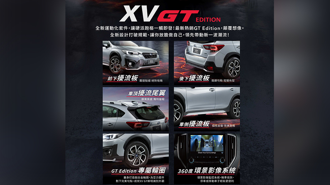 Subaru台灣意美汽車特別限量推出全新Subaru XV GT Edition，分別透過前下擾流板、後下擾流板、車側擾流板、車頂後擾流尾翼，以及GT Edition專屬輪圈，為XV車系動感時尚的跨界潮旅外型再添霸氣，同時還標配360度環景影像系統。（圖片來源/ Subaru）