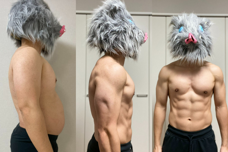 一名33歲的日本男網友，花一年時間瘦成伊之助的猛男身材。（圖／翻攝自Twitter＠伊之助ボディになるまで毎日腹筋ローラー）