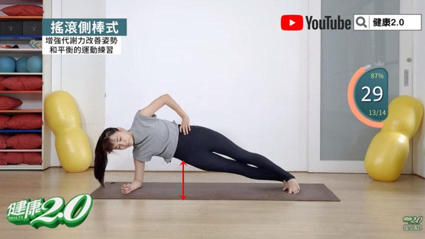 右手肘撐地,左手插腰,身體側身面向左邊。(圖/翻攝自健康2.0 YouTube)