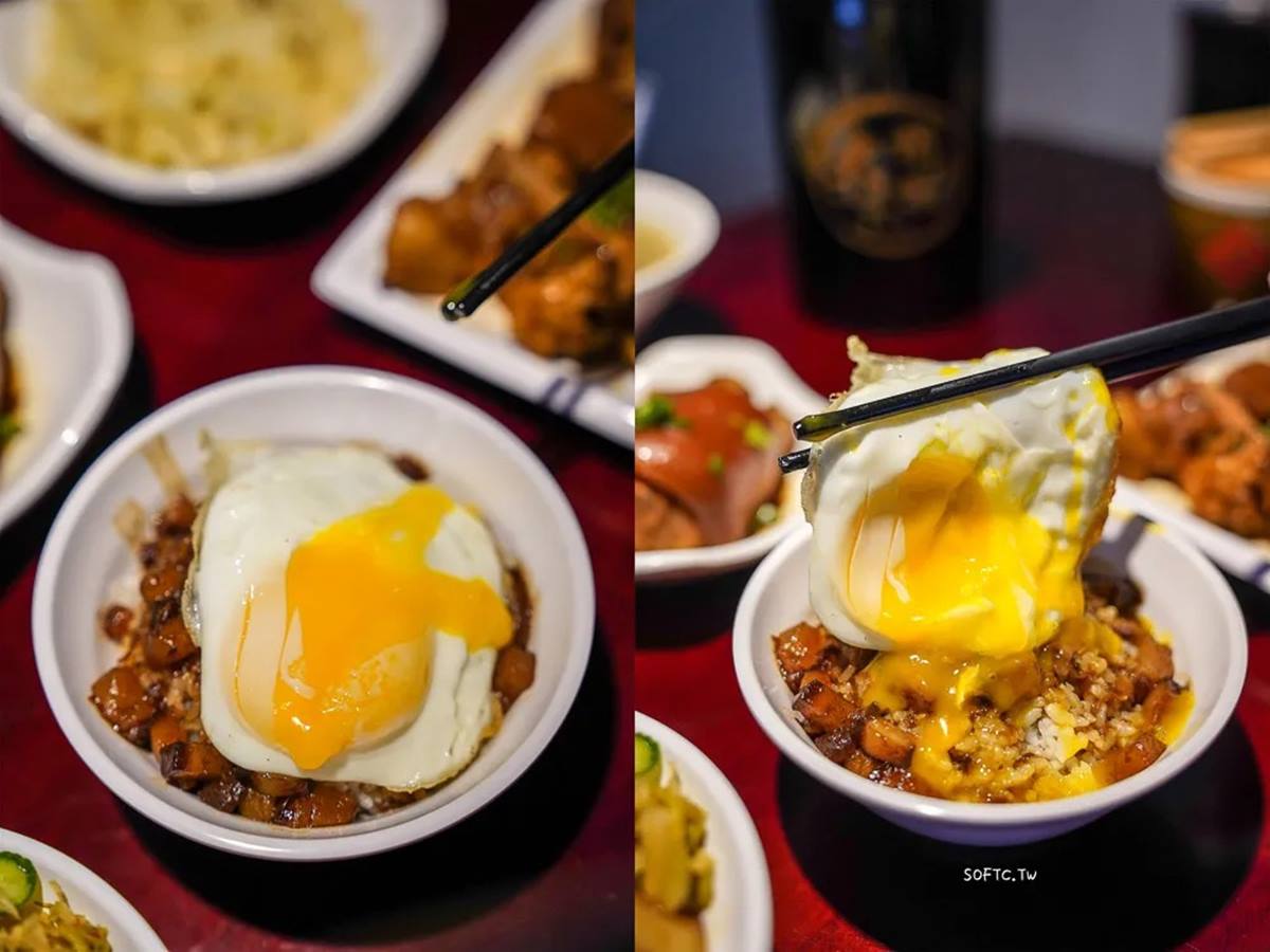 來這家店吃滷肉飯必加半熟蛋,濃稠蛋液緩緩流洩而出,混合著肉汁滷香。(圖/軟西,遊記)