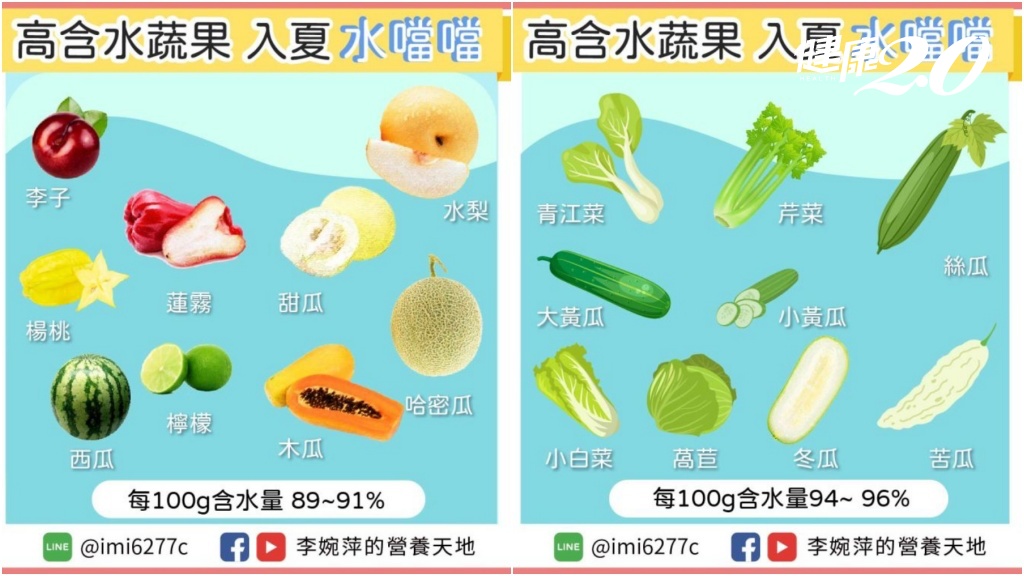 營養師李婉萍說，不愛喝水多吃含水量高的水果或蔬菜也能補充水分。（圖／翻攝自李婉萍的營養天地臉書）