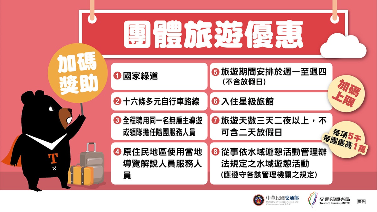 善用優惠,每團最多可省到40,000元。(圖/交通部觀光局)