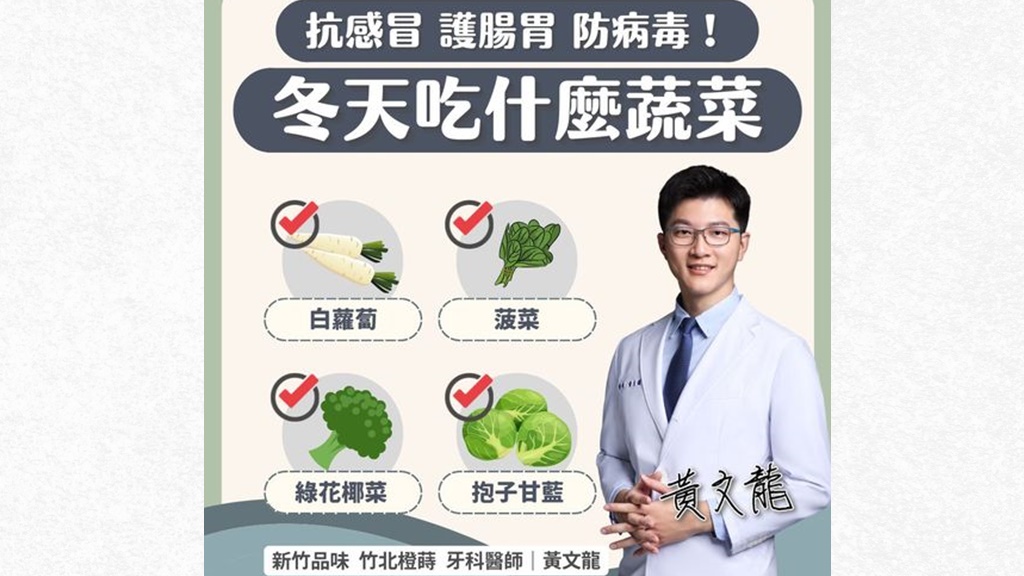 醫生點出適合冬天吃的4種蔬菜。（圖／翻攝自黃文龍醫師臉書）