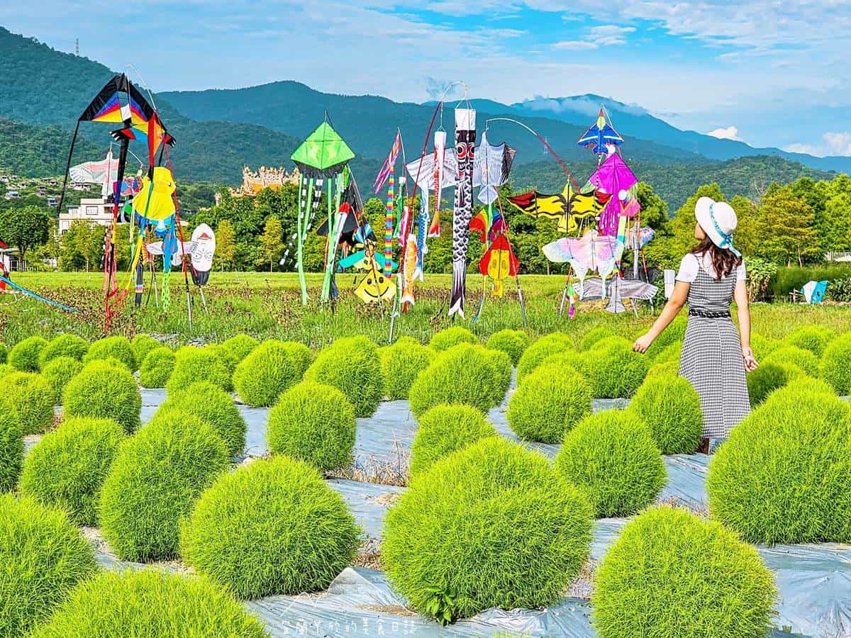 抹茶丸子搭配風箏地景,是一網美景點。(圖/宜蘭ㄚ欣的美食日誌提供)