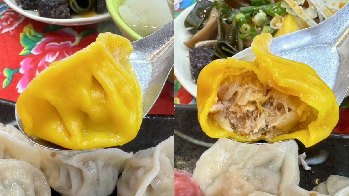 黃色外皮是「酸白菜豬肉」口味，味道就像吃酸白菜鍋一樣。（圖／跟著尼力吃喝玩樂提供）